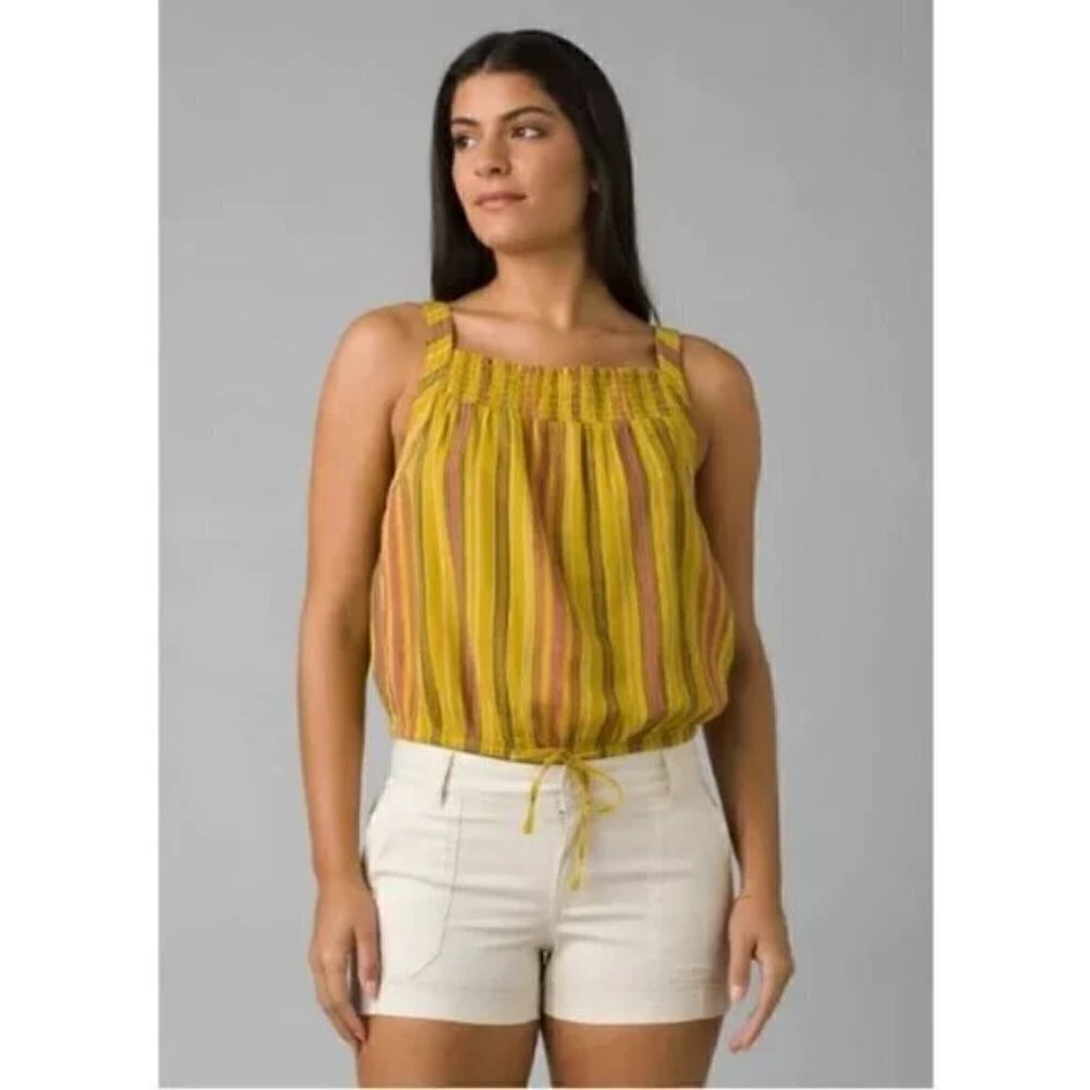 Prana Little Palm Cami Smocked Tie Hem Tank Top Yellow Leapfrog Stripes NWT